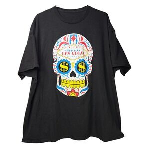 Mens Black Las Vegas Sugar Skull Graphic T-Shirt Tee 2X Streetwear Grunge Money